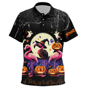 Funny Kid Golf Polo Shirts Custom Name Black Halloween Pattern Flamingo Golf Friend Outfits TDM2541