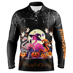 Funny Mens Golf Polo Shirts Black Halloween Pattern Custom Name Flamingo Golf Friend Outfits TDM2542