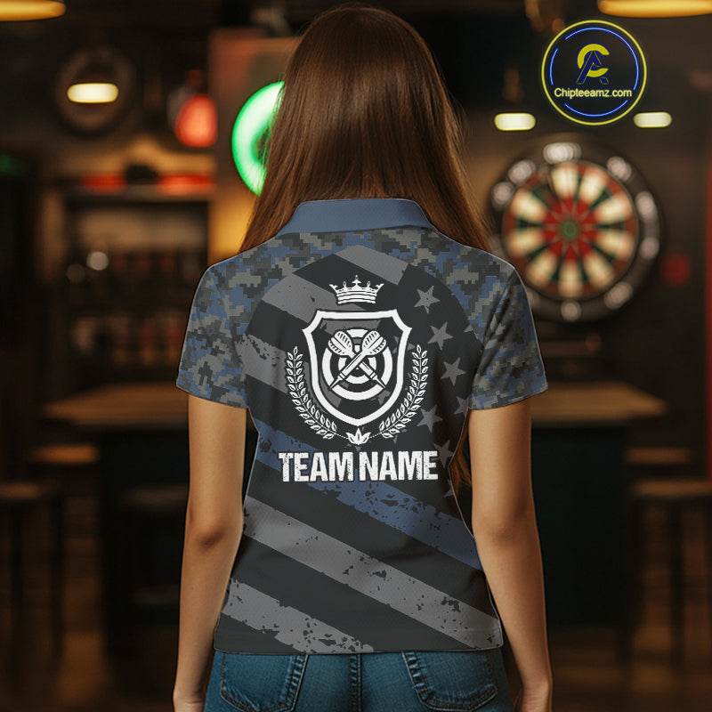 Blue Camo American Flag Darts Jersey For Women Custom Grunge Darts Shirt Team Polo & Quarter Zip TDM5031
