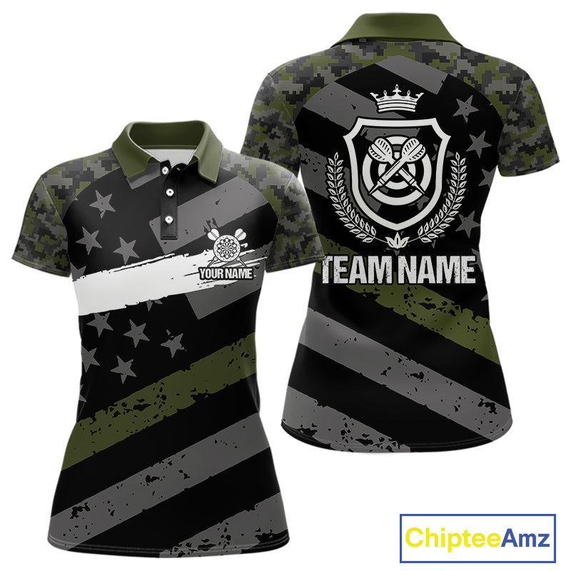 Green Military Camo US Flag Darts Jersey For Women Custom Grunge Darts Shirt Team Polo & Quarter Zip TDM5033