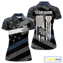Load image into Gallery viewer, Blue Camo American Flag Darts Shirt For Women Custom Patriotic Darts Jersey Team Polo &amp; 1/4 Zip TDM5034