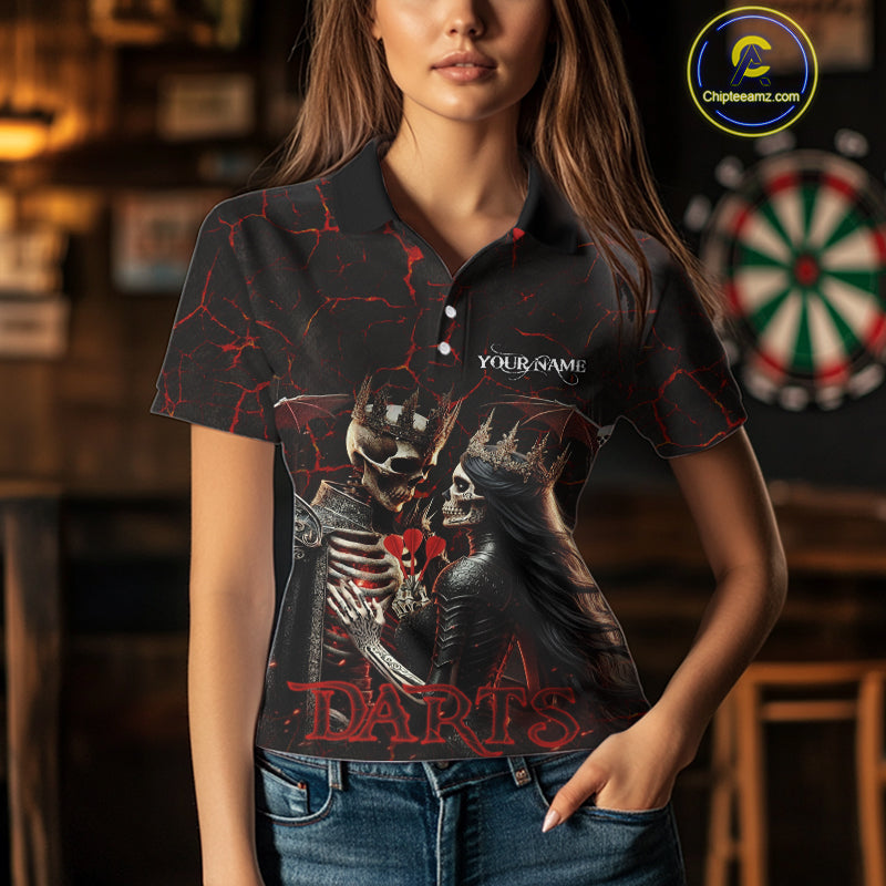Personalized Skeleton Couple And Roses Gothic Darts Shirt For Women Custom Dart Jersey Outfit|Red TDM5038