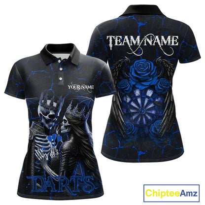 Personalized Skeleton Couple And Roses Gothic Darts Shirt For Women Custom Dart Jersey Outfit|Blue TDM5039