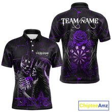 Load image into Gallery viewer, Personalized Skeleton Couple And Roses Gothic Darts Shirt For Men, Darts Jersey Outfit | Purple TDM5040
