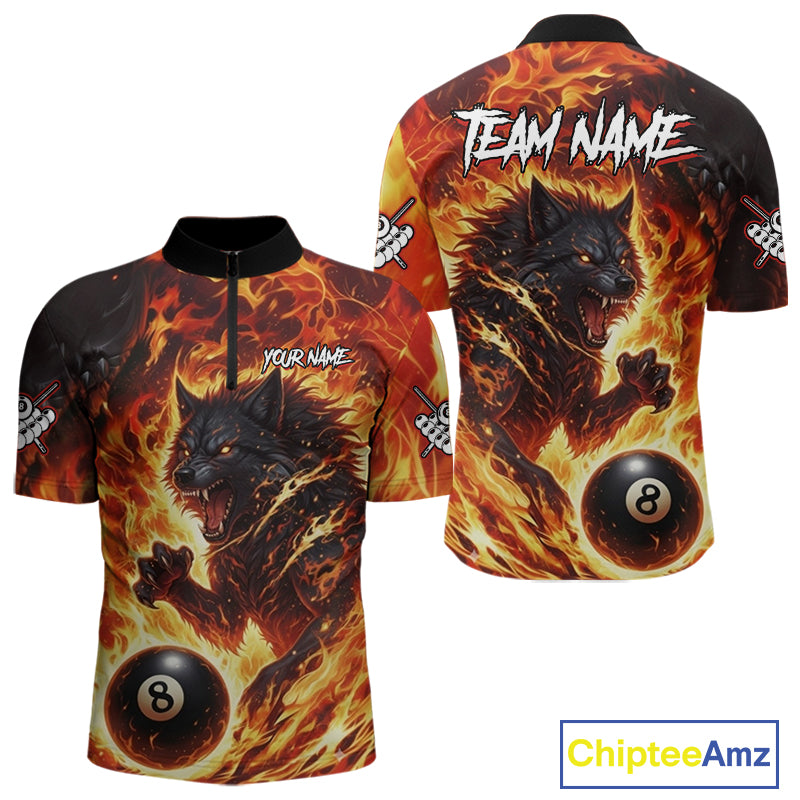 Orange Flaming Wolf 8 Ball Pool Billiard Shirt For Men Custom Billiard League Team Jersey TDM5252