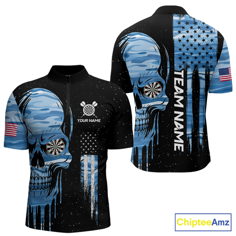 Blue Camo Skull American Flag Dart Shirt For Men Custom Patriotic Dart Jersey Team Polo & 1/4 Zip TDM5772