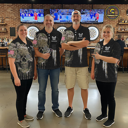 Black Grunge Camo Skull Us Flag Dart Shirt For Men Custom Patriotic Dart Jersey Team Polo, 1/4 Zip TDM5773