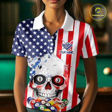 Load image into Gallery viewer, American Flag Grunge Skull Billiard Shirt For Women Custom Patriotic Pool Team Jersey Polo &amp; 1/4 Zip TDM6132
