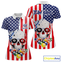 Load image into Gallery viewer, American Flag Grunge Skull Billiard Shirt For Women Custom Patriotic Pool Team Jersey Polo &amp; 1/4 Zip TDM6132