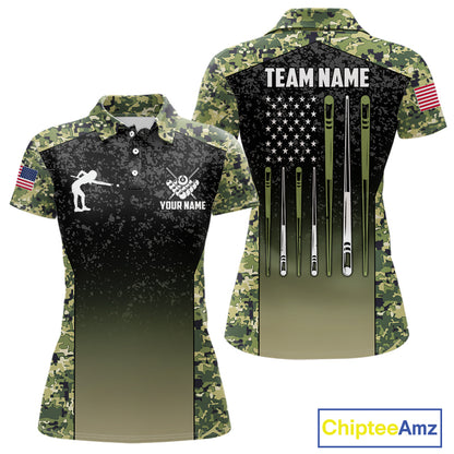 Custom Green Camo US Flag 8 Ball Pool Shirt For Women, Billiard Team Jersey Polo & 1/4 Zip TDM6138