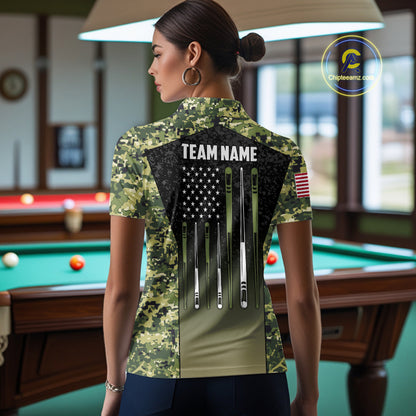 Custom Green Camo US Flag 8 Ball Pool Shirt For Women, Billiard Team Jersey Polo & 1/4 Zip TDM6138