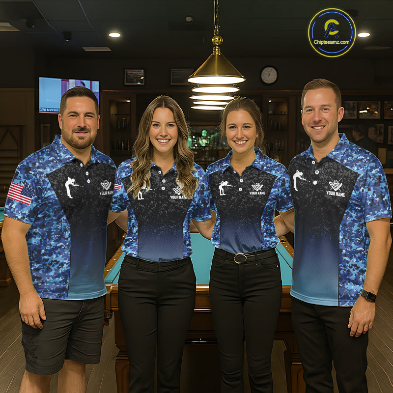 Custom Blue Camo US Flag 8 Ball Pool Shirt For Men, Billiard Team Jersey Polo & 1/4 Zip TDM6139