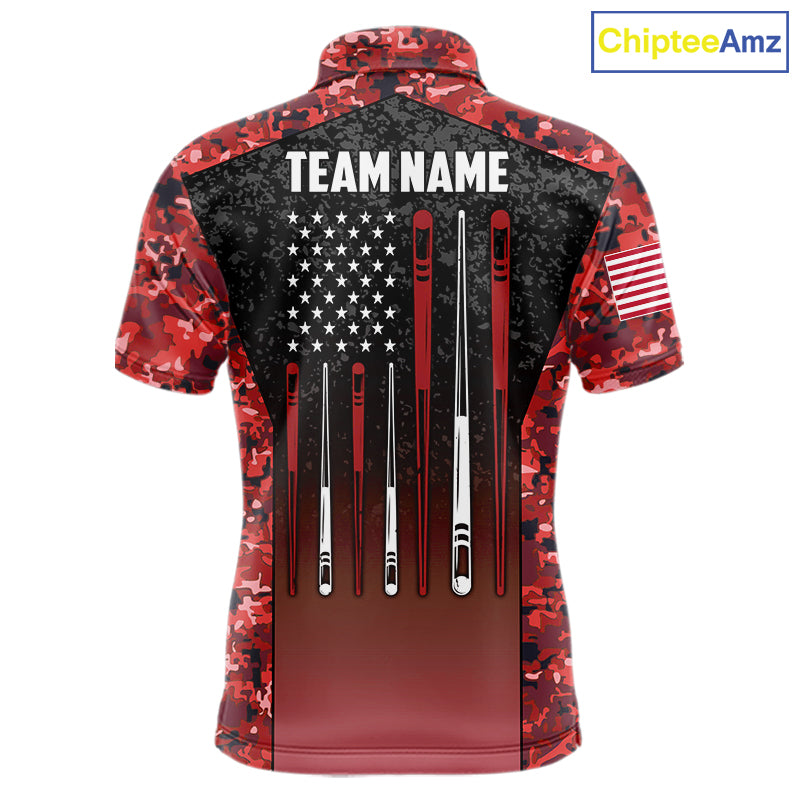 Custom Red Camo US Flag 8 Ball Pool Shirt For Men, Billiard Team Jersey Polo & 1/4 Zip TDM6140