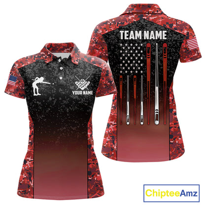 Custom Red Camo US Flag 8 Ball Pool Shirt For Women, Billiard Team Jersey Polo & 1/4 Zip TDM6140