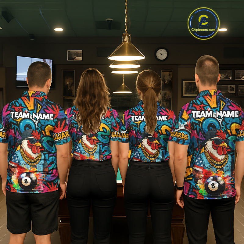 Funny Rooster Colorful Graffiti 8 Ball Billiard Shirt For Women Custom Pool Jersey Polo & 1/4 Zip TDM6368