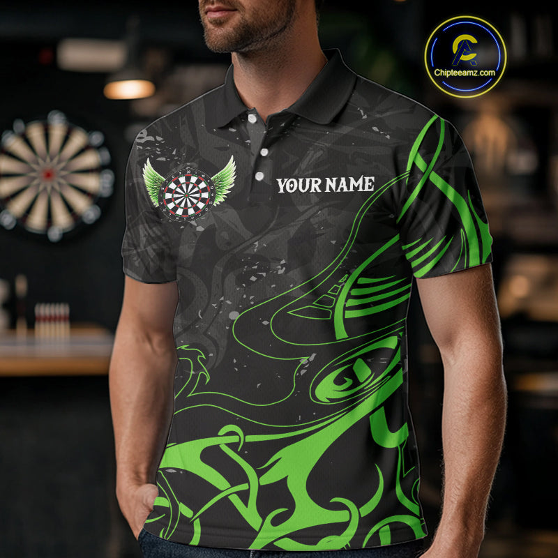 Black Green Custom Wings Darts Shirts For Men, Darts Jersey Pocket Option TDM4041