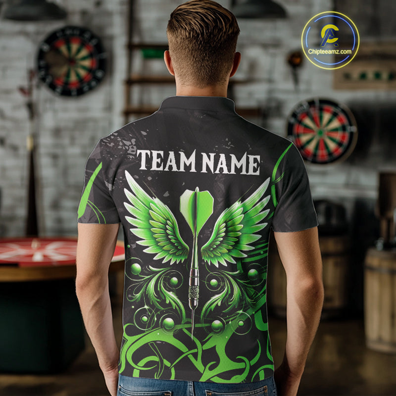 Black Green Custom Wings Darts Shirts For Men, Darts Jersey Pocket Option TDM4041