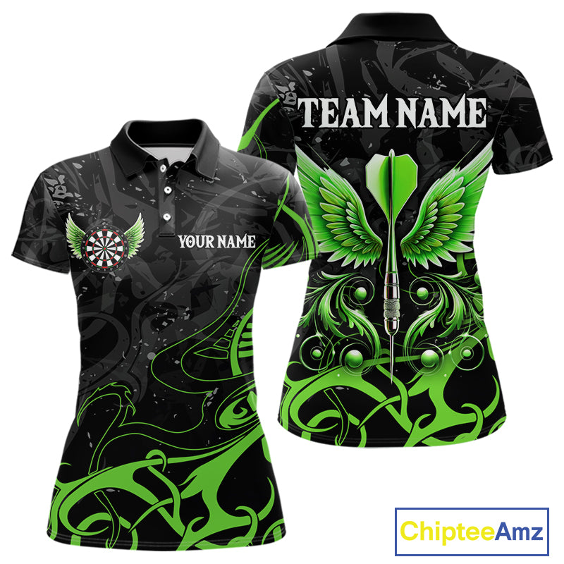 Black Green Custom Wings Darts Shirts For Women, Darts Jersey Pocket Option TDM4041
