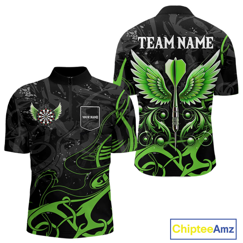 Black Green Custom Wings Darts Shirts For Men, Darts Jersey Pocket Option TDM4041