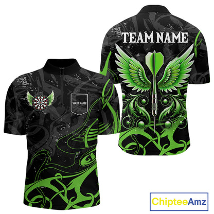 Black Green Custom Wings Darts Shirts For Men, Darts Jersey Pocket Option TDM4041