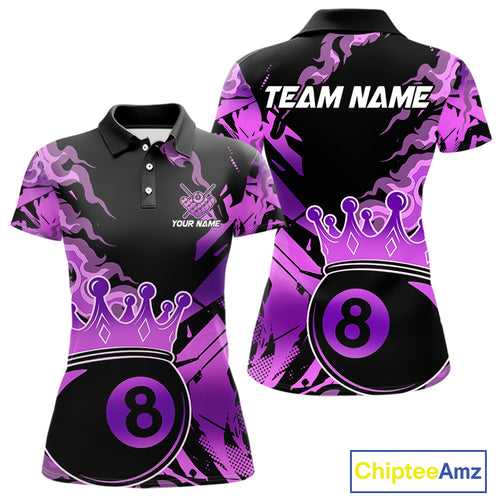 Personalized Purple 8 Ball Crown Billiard Shirt For Women, Pool King Team Jerseys Polo & 1/4 Zip TDM4237