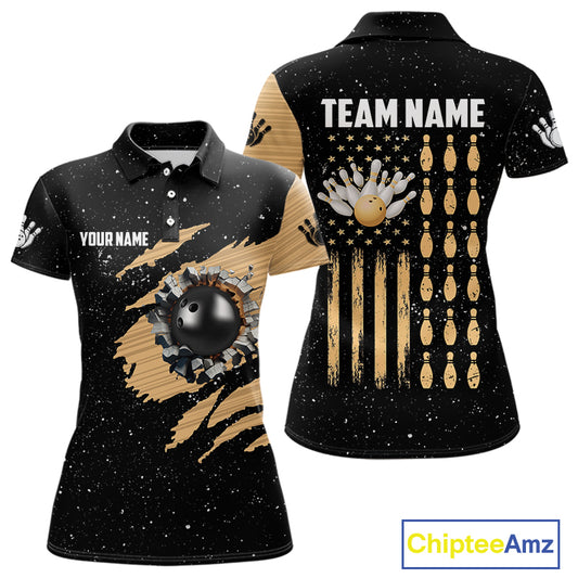 Custom Grunge American Flag Bowling Shirt For Women, Patriotic Bowling Team Jersey Polo & 1/4 Zip TDM4631