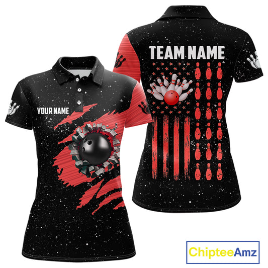 Custom Red Grunge American Flag Bowling Shirt For Women, Patriotic Bowling Team Jersey Polo, 1/4 Zip TDM4633