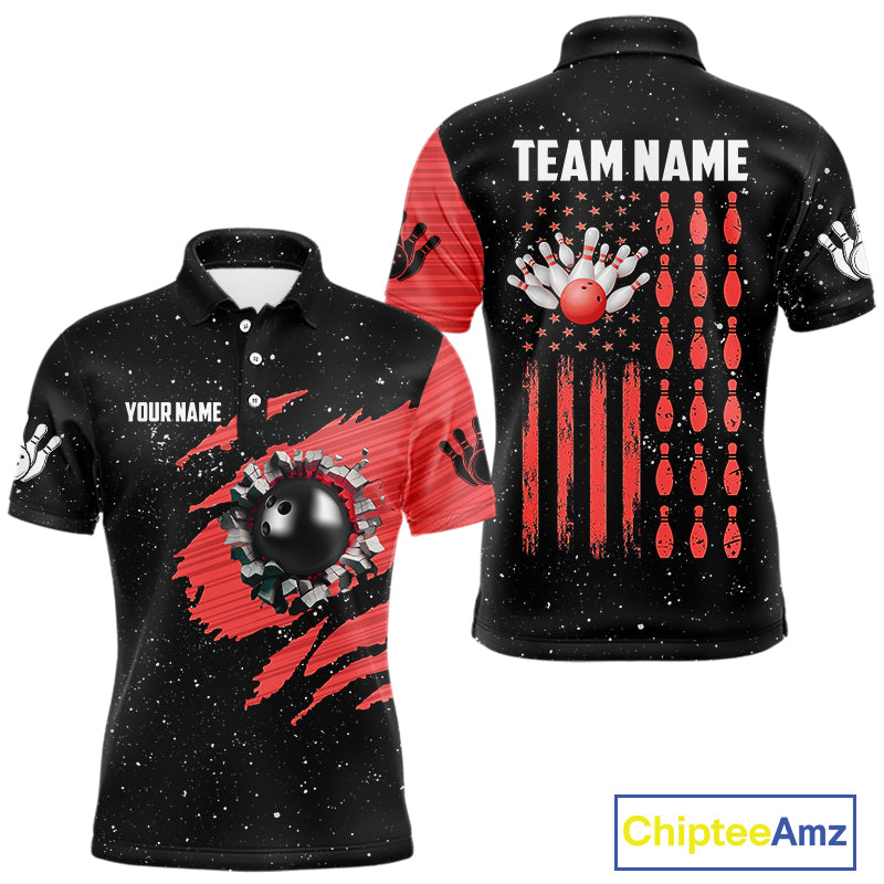 Custom Red Grunge American Flag Bowling Shirt For Men, Patriotic Bowling Team Jersey Polo, 1/4 Zip TDM4633