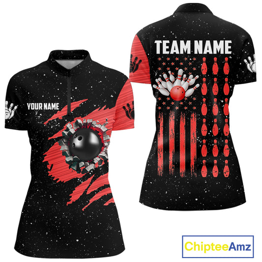 Custom Red Grunge American Flag Bowling Shirt For Women, Patriotic Bowling Team Jersey Polo, 1/4 Zip TDM4633