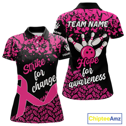 Strike For Change Hope For Awareness Custom Bowling Shirt For Women, Breast Cancer Bowling Jerseys TDM4634