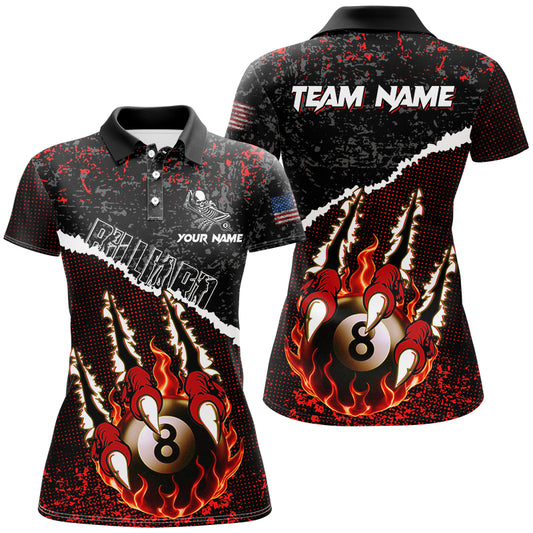 Funny Claws Custom Fire Flame 8 Ball Billiard Shirts For Women, Grunge Billiard Jerseys |Red TDM2794