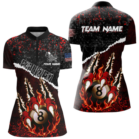 Funny Claws Custom Fire Flame 8 Ball Billiard Shirts For Women, Grunge Billiard Jerseys |Red TDM2794