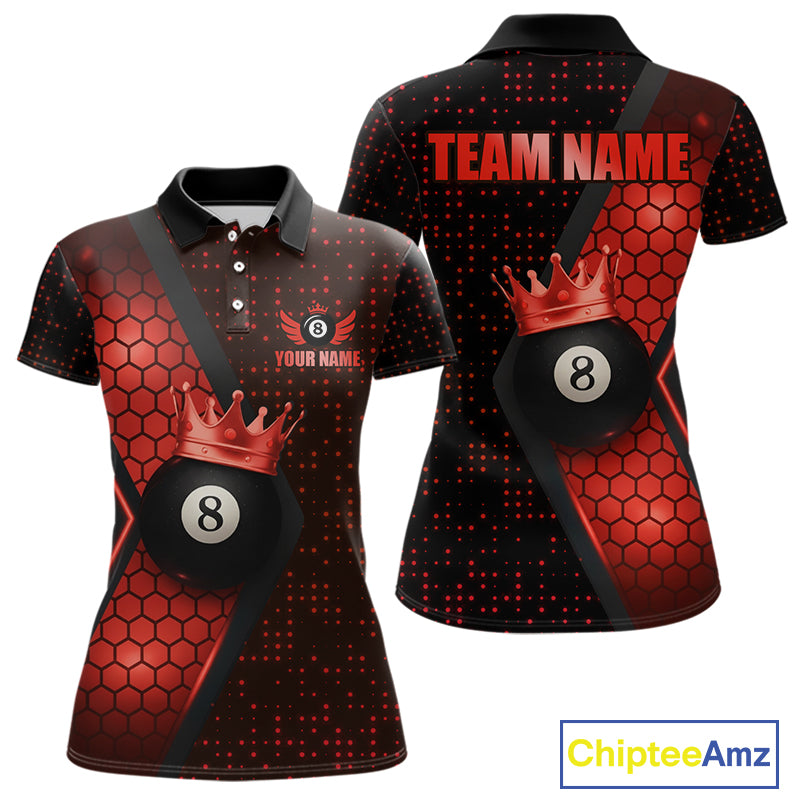 Personalized Red 8 Ball Pool Crown Hexagon Billiard Shirt For Women, Billiard League Team Jersey TDM5047