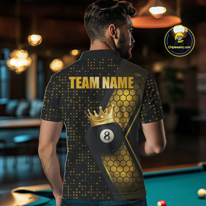 Personalized Gold 8 Ball Pool Crown Hexagon Billiard Shirt For Men, Billiard League Team Jersey TDM5048