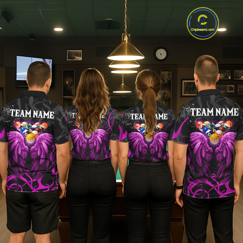 Black And Purple 8 Ball Wings Billiard Shirt For Women Custom Tribal Pool Jersey Team Polo & 1/4 Zip TDM5774