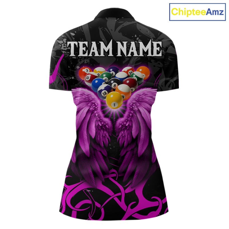 Black And Purple 8 Ball Wings Billiard Shirt For Women Custom Tribal Pool Jersey Team Polo & 1/4 Zip TDM5774
