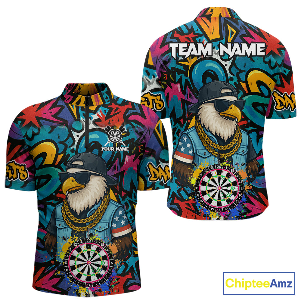 Funny Eagle Colorful Graffiti Darts Shirt For Men Custom Darts Jersey Team Polo & 1/4 Zip TDM5783