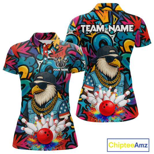 Funny Eagle Colorful Graffiti Bowling Shirt For Women Custom Bowling Team Jersey Polo & 1/4 Zpip TDM5784