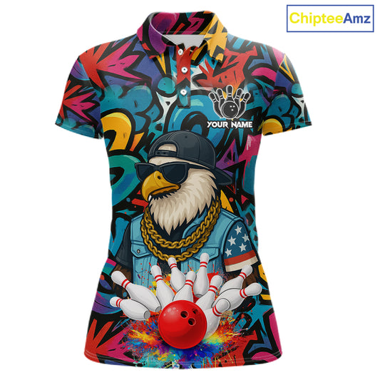 Funny Eagle Colorful Graffiti Bowling Shirt For Women Custom Bowling Team Jersey Polo & 1/4 Zpip TDM5784