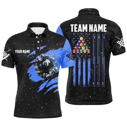Customized Grunge American Flag 8 Ball Pool Men Billiard Polo Shirts, Pool Player Shirts |Blue TDM1115