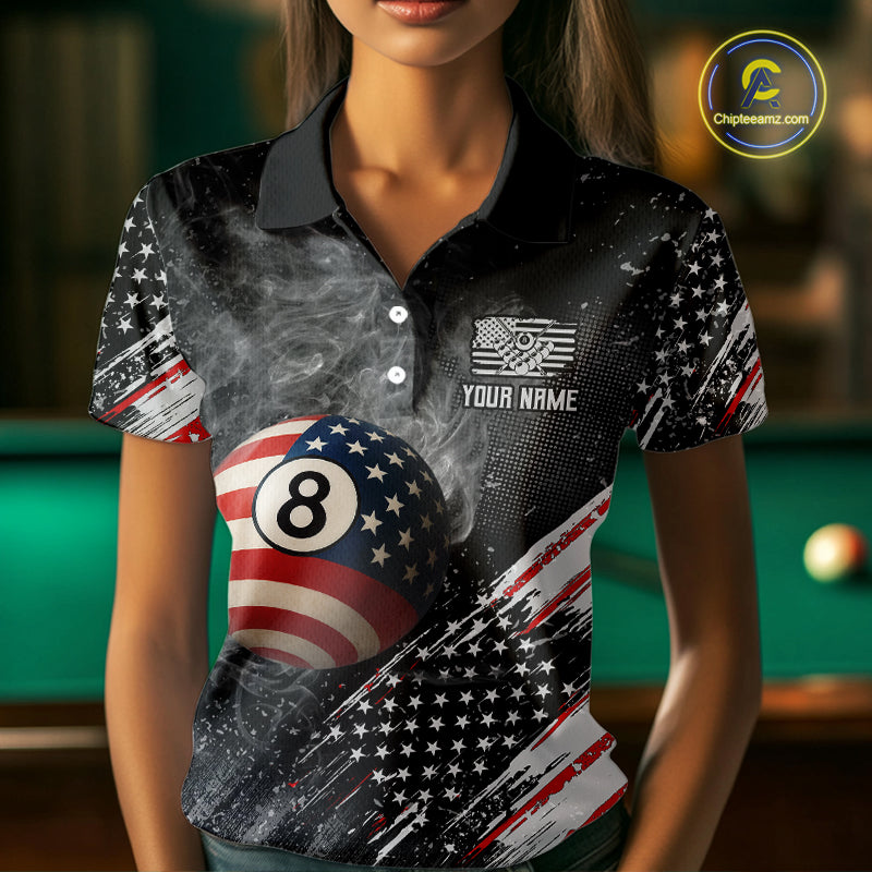 Personalized Grunge American Flag Women's Billiard Shirts Custom 8 Ball Pool Smoke Team Jerseys TDM4054