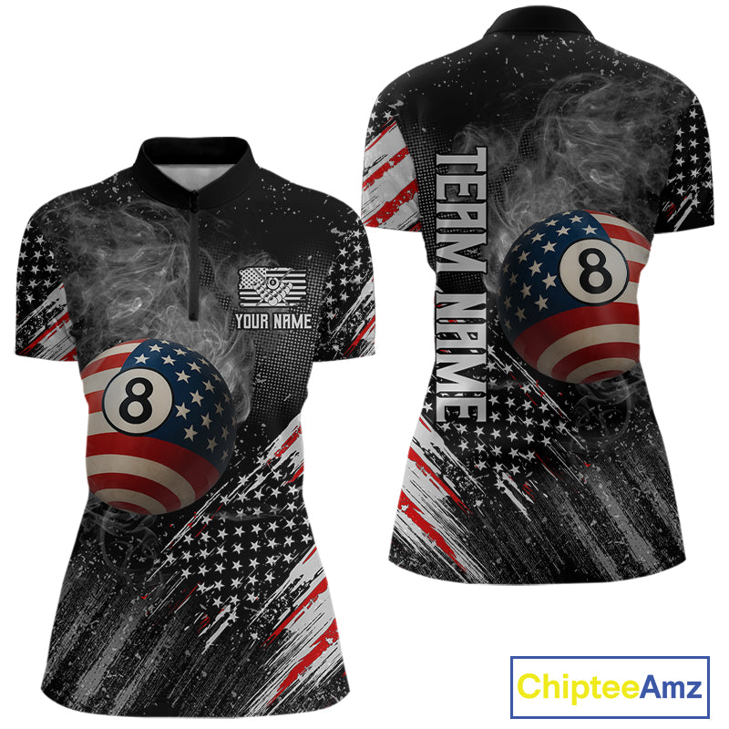 Personalized Grunge American Flag Women's Billiard Shirts Custom 8 Ball Pool Smoke Team Jerseys TDM4054