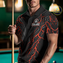 Load image into Gallery viewer, Male pool player wearing Thunder Lightning Tribal 8 Ball billiard jersey during competitive tournament play