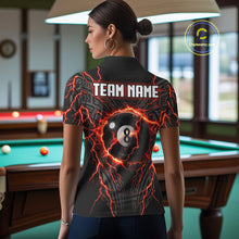 Load image into Gallery viewer, Female pool player wearing Thunder Lightning Tribal 8 Ball billiard jersey during competitive tournament play