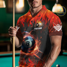 Load image into Gallery viewer, Man wearing a red 8 ball fire flame billiard jersey beside a pool table front view.