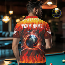 Load image into Gallery viewer, Back view of man wearing a red 8 ball fire flame pool shirt in a billiards hall.