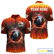 Load image into Gallery viewer, Red 8 ball fire flame billiard quarter zip shirt for men designed for league tournaments and team events.