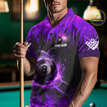 Load image into Gallery viewer, Man wearing a purple 8 ball fire flame billiard jersey beside a pool table front view.