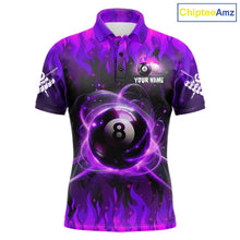 Load image into Gallery viewer, Purple 8 ball fire flame billiard polo shirt for men with custom pool team graphics.