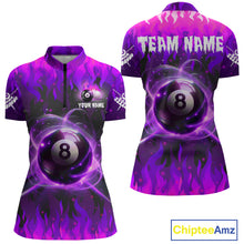 Load image into Gallery viewer, Purple 8 ball fire flame billiard quarter zip shirt for women designed for league tournaments and team events.